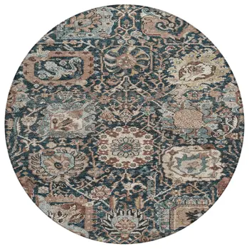 8' Taupe Blue And Beige Round Geometric Washable Indoor Outdoor Area Rug