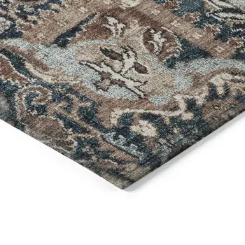 8' Taupe Blue And Beige Round Geometric Washable Indoor Outdoor Area Rug