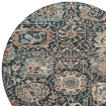 8' Taupe Blue And Beige Round Geometric Washable Indoor Outdoor Area Rug