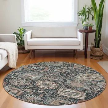 8' Taupe Blue And Beige Round Geometric Washable Indoor Outdoor Area Rug