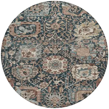 8' Taupe Blue And Beige Round Geometric Washable Indoor Outdoor Area Rug