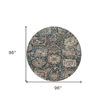 8' Taupe Blue And Beige Round Geometric Washable Indoor Outdoor Area Rug