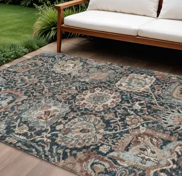 8' X 10' Taupe Blue And Beige Geometric Washable Indoor Outdoor Area Rug