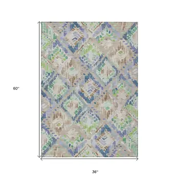 3' X 5' Beige Blue And Green Geometric Washable Indoor Outdoor Area Rug