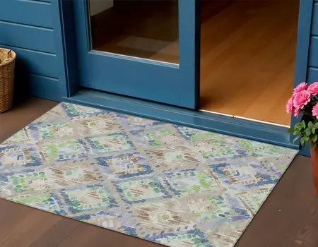 3' X 5' Beige Blue And Green Geometric Washable Indoor Outdoor Area Rug
