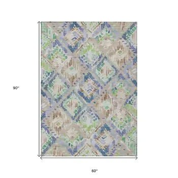 5' X 8' Beige Blue And Green Geometric Washable Indoor Outdoor Area Rug