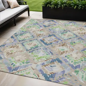 5' X 8' Beige Blue And Green Geometric Washable Indoor Outdoor Area Rug