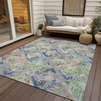 5' X 8' Beige Blue And Green Geometric Washable Indoor Outdoor Area Rug