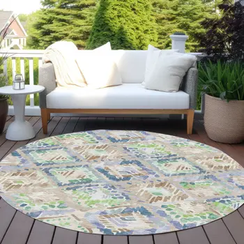 8' Beige Blue And Green Round Geometric Washable Indoor Outdoor Area Rug