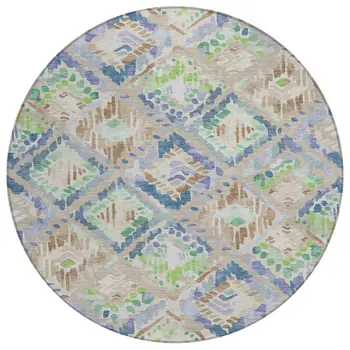 8' Beige Blue And Green Round Geometric Washable Indoor Outdoor Area Rug