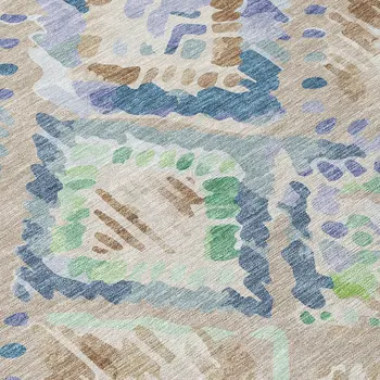 8' Beige Blue And Green Round Geometric Washable Indoor Outdoor Area Rug