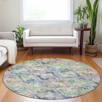 8' Beige Blue And Green Round Geometric Washable Indoor Outdoor Area Rug