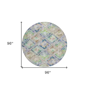8' Beige Blue And Green Round Geometric Washable Indoor Outdoor Area Rug