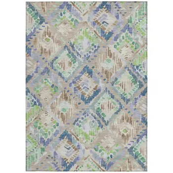 8' X 10' Beige Blue And Green Geometric Washable Indoor Outdoor Area Rug