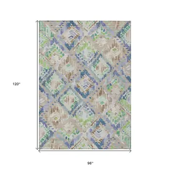 8' X 10' Beige Blue And Green Geometric Washable Indoor Outdoor Area Rug