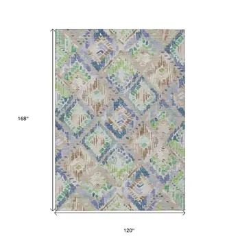 10' X 14' Beige Blue And Green Geometric Washable Indoor Outdoor Area Rug