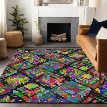 3' X 5' Black Yellow And Green Geometric Washable Indoor Outdoor Area Rug