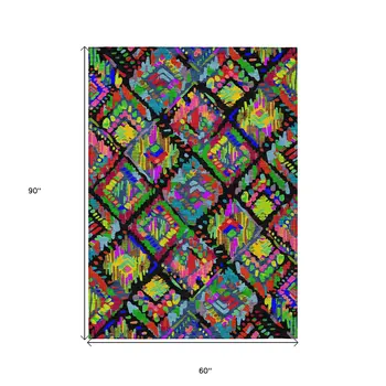 5' X 8' Black Yellow And Green Geometric Washable Indoor Outdoor Area Rug