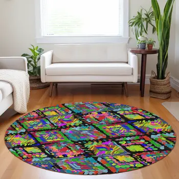 8' Black Yellow And Green Round Geometric Washable Indoor Outdoor Area Rug