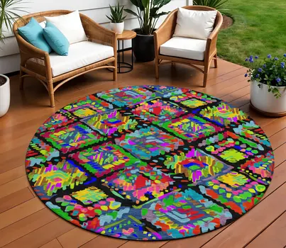 8' Black Yellow And Green Round Geometric Washable Indoor Outdoor Area Rug