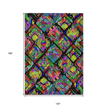 10' X 14' Black Yellow And Green Geometric Washable Indoor Outdoor Area Rug