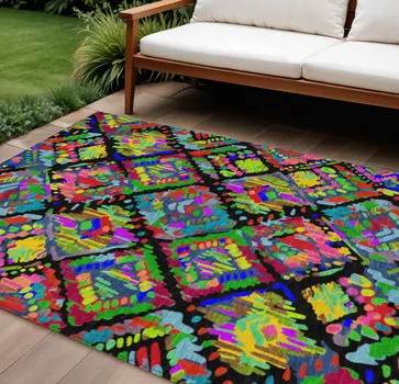 10' X 14' Black Yellow And Green Geometric Washable Indoor Outdoor Area Rug
