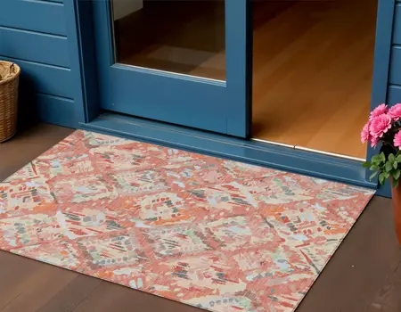 3' X 5' Coral And Orange Geometric Washable Indoor Outdoor Area Rug