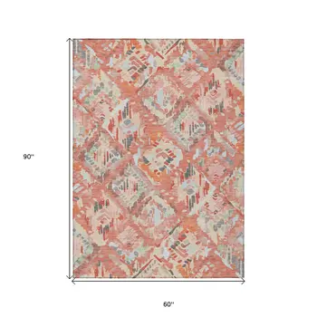 5' X 8' Coral And Orange Geometric Washable Indoor Outdoor Area Rug