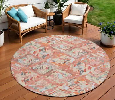8' Coral And Orange Round Geometric Washable Indoor Outdoor Area Rug