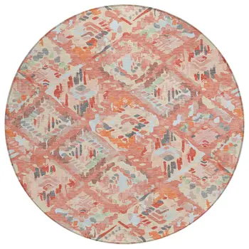 8' Coral And Orange Round Geometric Washable Indoor Outdoor Area Rug