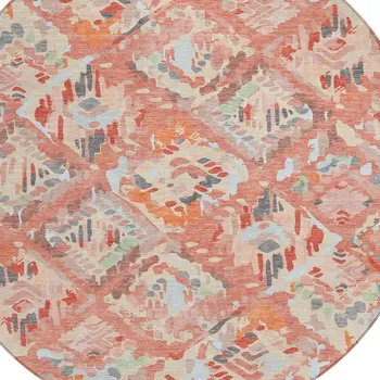 8' Coral And Orange Round Geometric Washable Indoor Outdoor Area Rug