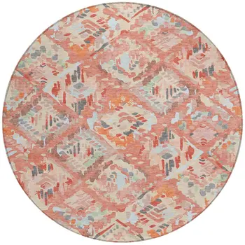 8' Coral And Orange Round Geometric Washable Indoor Outdoor Area Rug