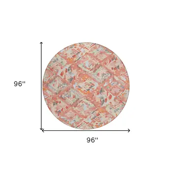 8' Coral And Orange Round Geometric Washable Indoor Outdoor Area Rug