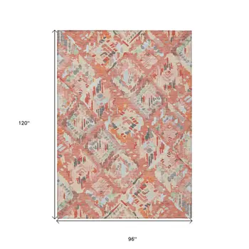 8' X 10' Coral And Orange Geometric Washable Indoor Outdoor Area Rug