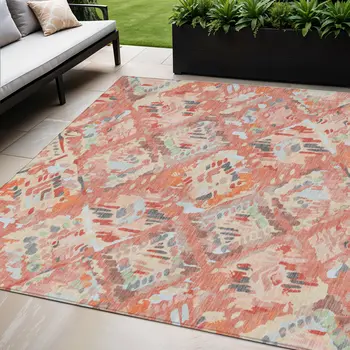 8' X 10' Coral And Orange Geometric Washable Indoor Outdoor Area Rug