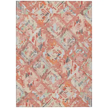 8' X 10' Coral And Orange Geometric Washable Indoor Outdoor Area Rug