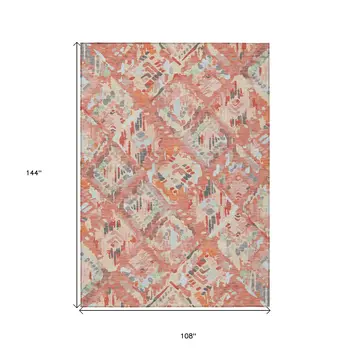 9' X 12' Coral And Orange Geometric Washable Indoor Outdoor Area Rug