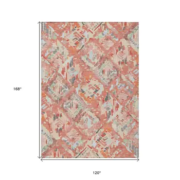 10' X 14' Coral And Orange Geometric Washable Indoor Outdoor Area Rug