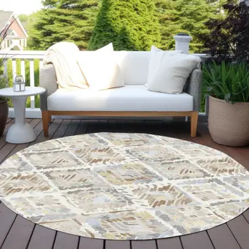 8' Ivory And Cream Round Geometric Washable Indoor Outdoor Area Rug
