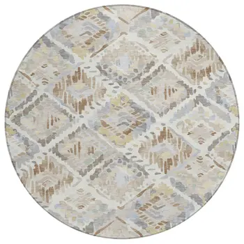 8' Ivory And Cream Round Geometric Washable Indoor Outdoor Area Rug