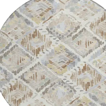 8' Ivory And Cream Round Geometric Washable Indoor Outdoor Area Rug