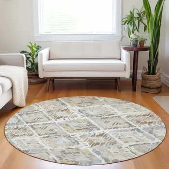 8' Ivory And Cream Round Geometric Washable Indoor Outdoor Area Rug