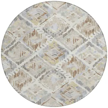 8' Ivory And Cream Round Geometric Washable Indoor Outdoor Area Rug