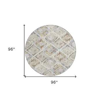 8' Ivory And Cream Round Geometric Washable Indoor Outdoor Area Rug