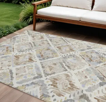 8' X 10' Ivory And Cream Geometric Washable Indoor Outdoor Area Rug