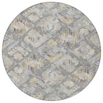 8' Gray And Brown Round Geometric Washable Indoor Outdoor Area Rug