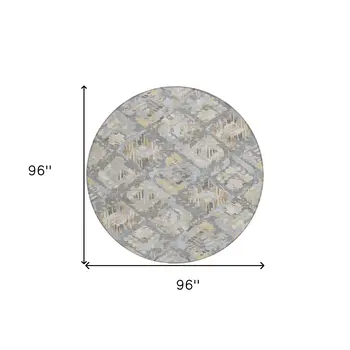 8' Gray And Brown Round Geometric Washable Indoor Outdoor Area Rug