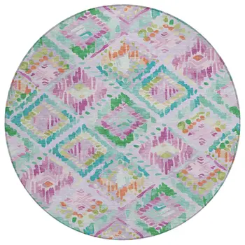 8' Lavender And Purple Round Geometric Washable Indoor Outdoor Area Rug