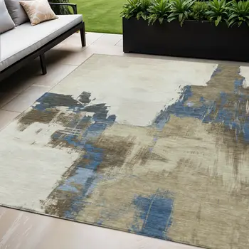 5' X 8' Beige And Brown Abstract Washable Indoor Outdoor Area Rug