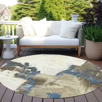 8' Beige And Brown Round Abstract Washable Indoor Outdoor Area Rug